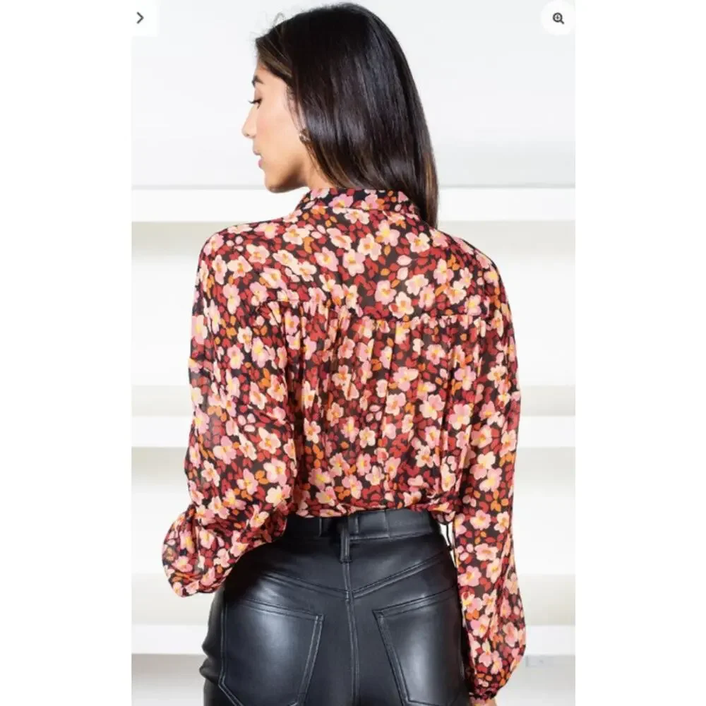 SANCTUARY NWT Tie Neck Floral Ruffle Blouse in Strawberry Fields // XL - Picture 2 of 14